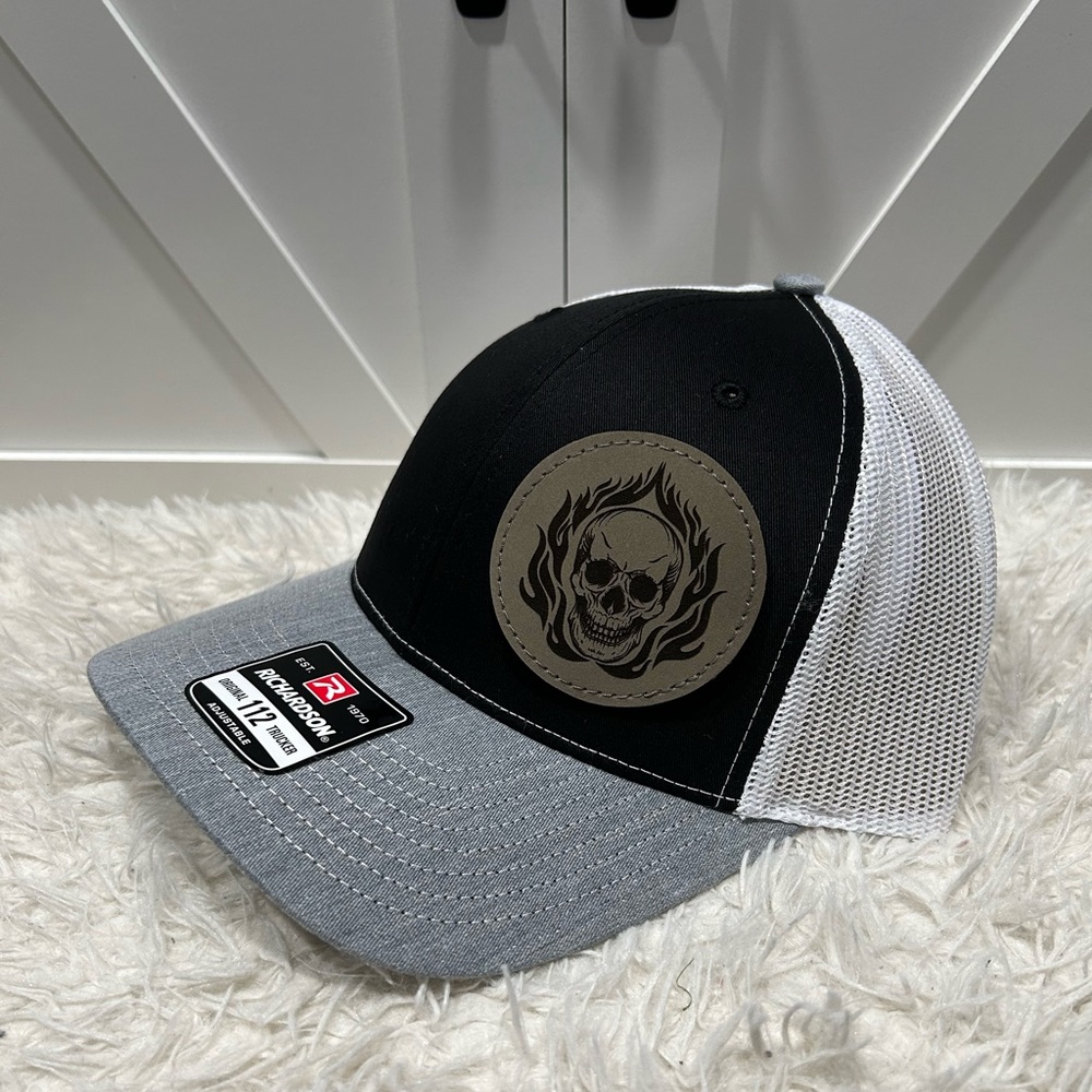 Trucker SnapBack Richardson 112 Hat. Skull flames